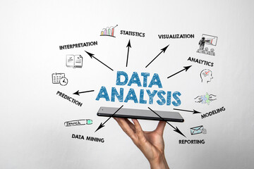 Obraz premium Data Analysis Concept. Illustration with icons, arrows and keywords