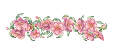 Multiple Camelia japonica flowers with green leaves in watercolor. Hand-drawn floral Clipart of pink blooming flowers, composition for wrapping paper, tote bags, wedding invitations, stationery