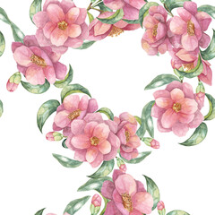Pink camellia flowers arranged with green leaves in a seamless pattern. Camellia japonica textile. Botanical watercolor clipart for use in wedding invitations, fabric design, or product packaging