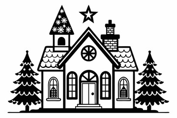 Line Art Christmas Home  black silhouette vector