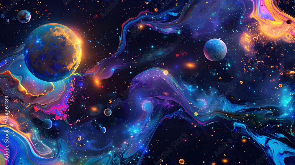 Wall mural a colorful galaxy with a spiral shape and a large planet in the center.