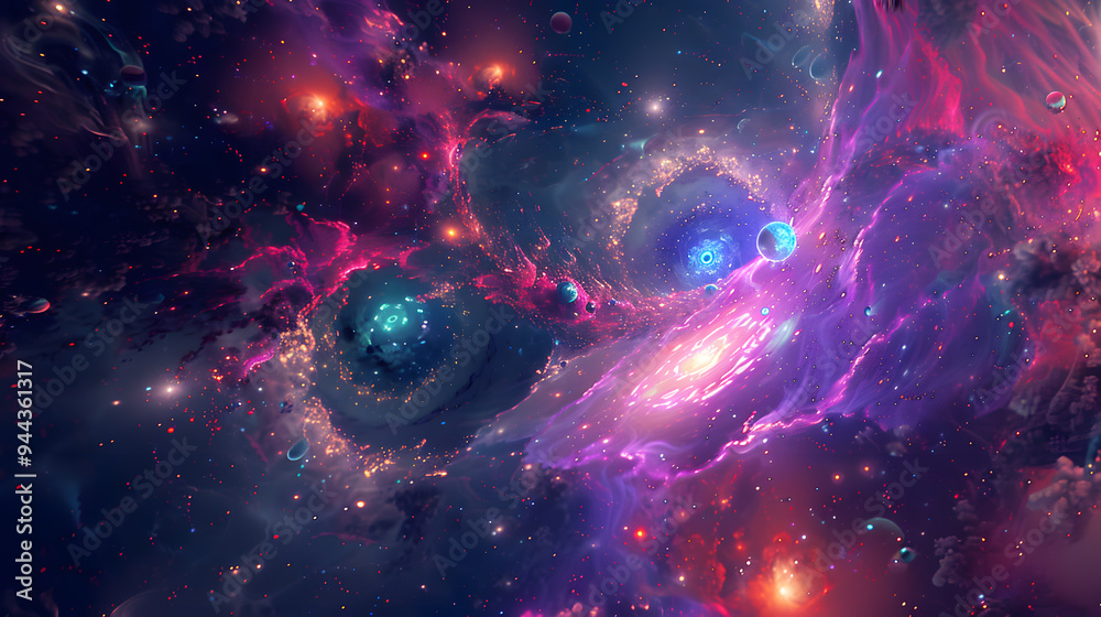 Canvas Prints a colorful galaxy with a spiral shape and a large planet in the center.