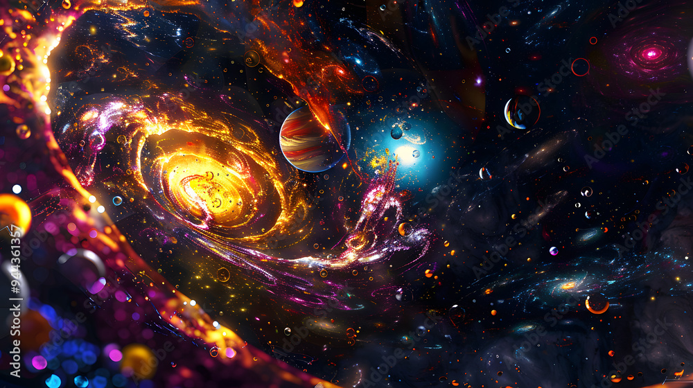 Wall mural a colorful galaxy with a spiral shape and a large planet in the center.