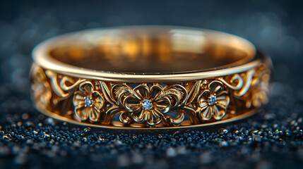 Ornate Gold Ring with Floral Design 3D Illustration