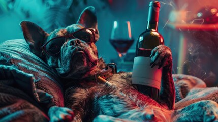A drunken dog with wine bottle. Funny.