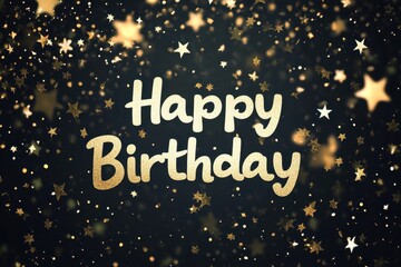 The words "Happy Birthday" in white, centered on a black background with golden glittering stars Generative AI