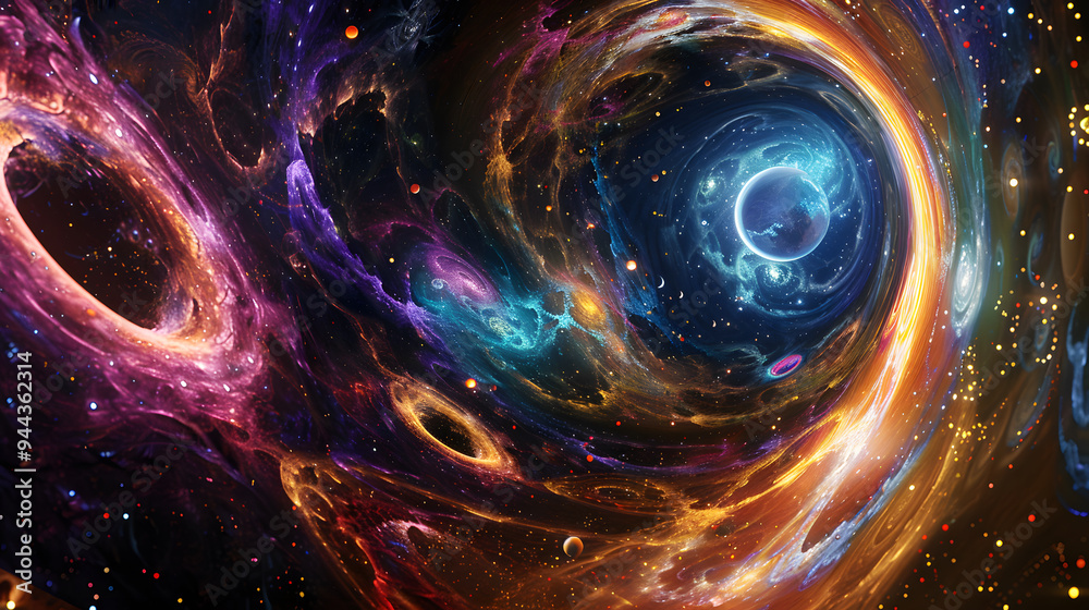 Canvas Prints a purple planet with a spiral shape is surrounded by a yellow and orange planet.