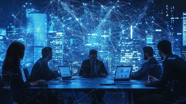 A team of developers working on blockchain technology, coding and visualizing complex networks.