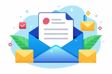 3d render mail envelope with white paper and check. Sending newsletter or subscription concept. Icons for sending message by mail. 3D Illustration
