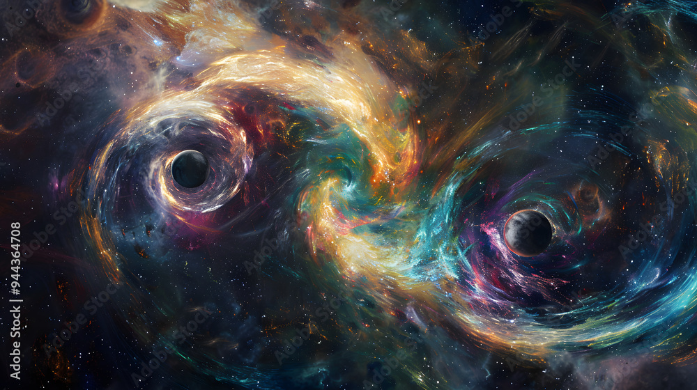 Canvas Prints a colorful space scene with two black holes in the center.