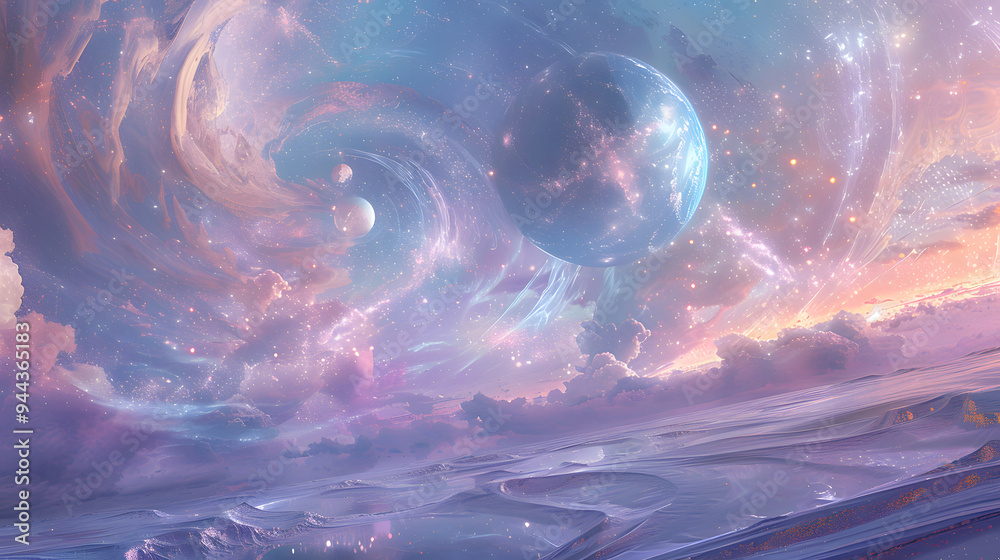 Canvas Prints a beautiful, colorful space scene with a large planet in the center and a smaller planet in the back
