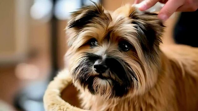 a small dog  being brushed