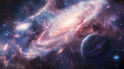 Obraz premium A beautiful, colorful space scene with a large planet in the center and a smaller planet in the background. 