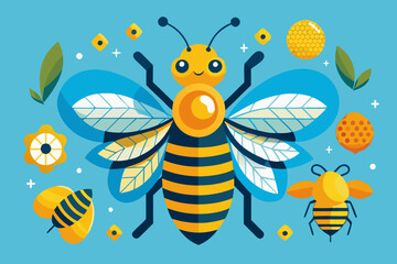 A collection of stylized bee illustrations in a modern flat design, perfect for educational and decorative use
