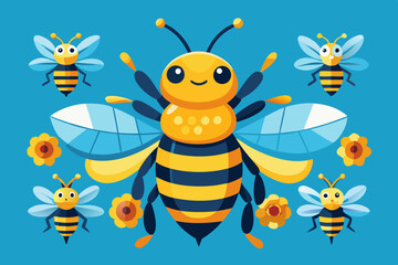 A collection of stylized bee illustrations in a modern flat design, perfect for educational and decorative use
