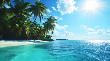 A serene tropical beach with white sand, clear turquoise water, swaying palm trees, and a bright blue sky.