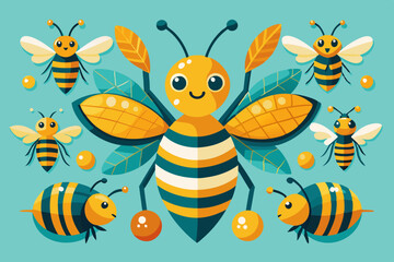 A collection of stylized bee illustrations in a modern flat design, perfect for educational and decorative use
