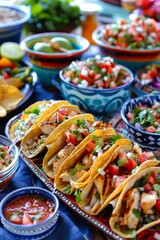 Delicious spread of chicken tacos with fresh salsa and toppings at a vibrant outdoor gathering