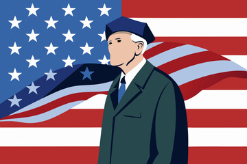 elderly veteran on the background of the American flag silhouette
