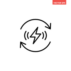 Black single recharge line icon, simple battery charging power cycle symbol flat design pictogram vector for app ads web banner button ui interface elements isolated on white background