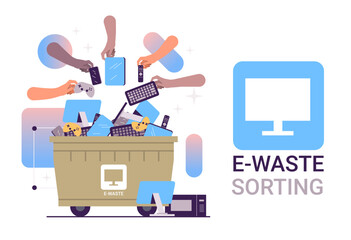E-waste sorting concept hands placing electronic devices in bin colorful background recycling management
