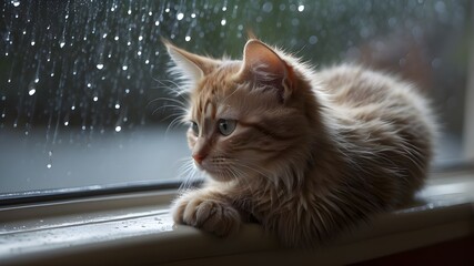A tiny, forlorn kitten gazes out the window at the rain, its sad expression mirroring the dreary weather outside. The image is rendered in a soft, watercolor style, with muted tones and delicate brush