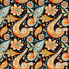 Seamless vibrant paisley and floral pattern in orange, blue, and cream on a black background
