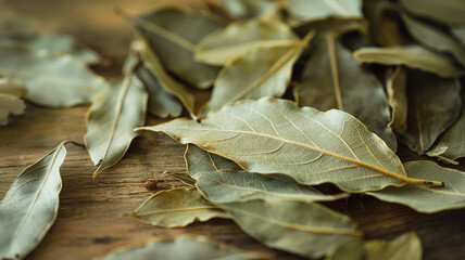 Close-up of dried bay leaves scattered on a wooden surface, showcasing their texture and earthy tones, often used for seasoning in cooking