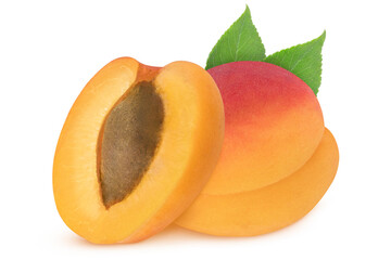 Apricots with leaves on isolated white background