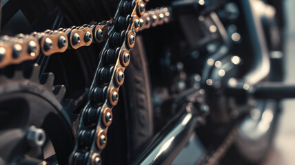 Fototapeta premium Close-up of a motorcycle chain and sprocket, highlighting the intricate mechanical details in a dimly lit setting with a shallow depth of field