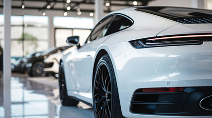 Rear view of a luxury white sports car in a showroom, showcasing its sleek design, sharp lines, and glossy finish under bright showroom lights