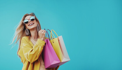 Happy woman with long blonde hair wearing sunglasses and large earrings, holding colorful shopping bags against a bright blue background
