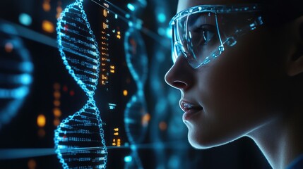 Female Scientist Analyzing DNA Sequencing Data on Futuristic Digital Interface