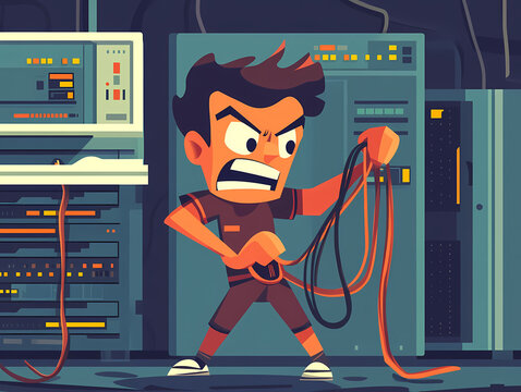 Angry system administrator in a data center struggling with tangled cables, expressing frustration in a chaotic server room, cartoon style illustration depicting IT problems and stress