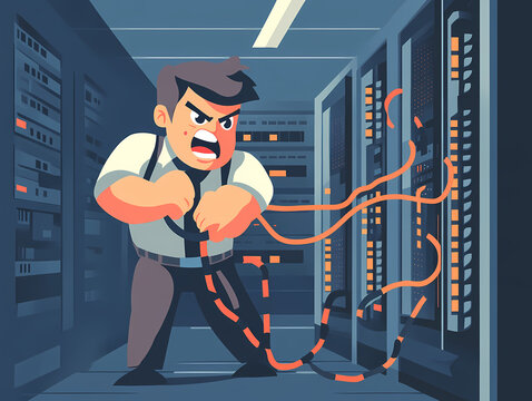 Angry system administrator in a data center struggling with tangled cables, expressing frustration in a chaotic server room, cartoon style illustration depicting IT problems and stress