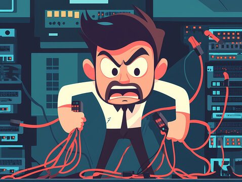 Angry system administrator in a data center struggling with tangled cables, expressing frustration in a chaotic server room, cartoon style illustration depicting IT problems and stress
