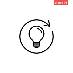 Single black replace lightbulb line icon, simple round repeat idea arrow flat design illustration pictogram for infographic interface elements for app logo web button ui isolated on white background