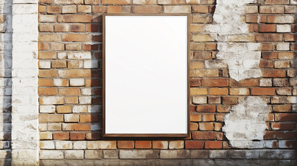 Blank vertical poster frame mounted on an old brick wall with patches of peeling paint, creating a rustic and urban backdrop. The scene is ideal for showcasing advertisements or artwork