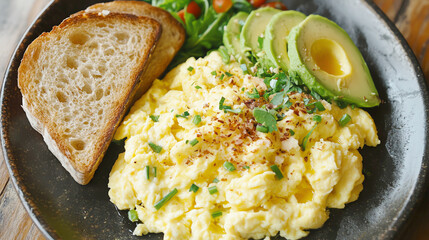 Scrambled Eggs, Toasted Bread, Avocado with Honey