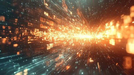 Obraz premium Abstract Data Flow in a Futuristic Digital Network Background with Orange and Blue Light