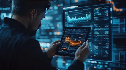 Male Professional Analyzing Financial Data on Tablet in Futuristic Office Environment