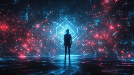 Futuristic Silhouette Standing in Digital Cybernetic Environment with Glowing Blue and Red Lights