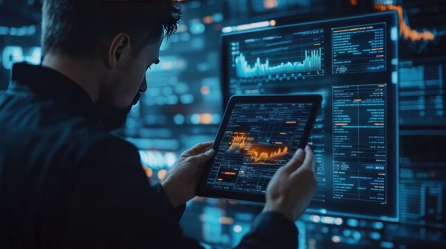 Male Professional Analyzing Financial Data on Tablet in Futuristic Office Environment