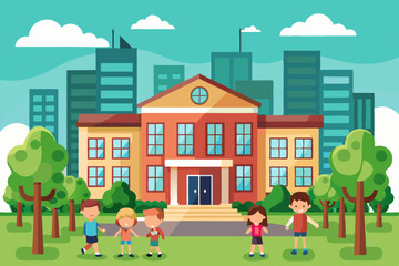 School building front view with green lawn modern school house exterior with cityscape, trees. Elementary children education, study, learning, city architecture flat vector illustration 
