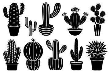 various cactus black silhouette vector ,monochrome, Silhouette design, flat design