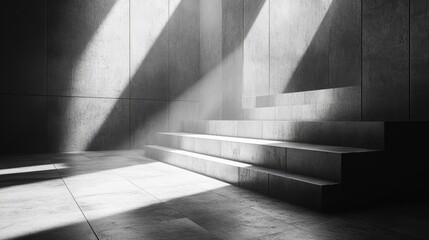 Minimalist Architectural Design with Dramatic Sunlight: Concrete Stairs and Shadows