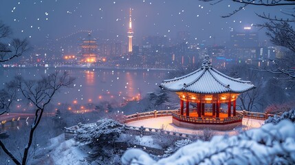 Snowy Cityscape with Pagoda in South Korea