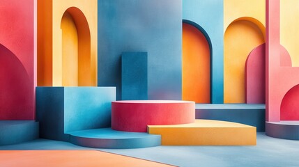 Vibrant Geometric Abstract Architecture with Multicolored Surfaces and Arches