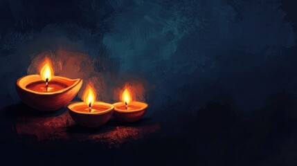 Naklejka premium Three lit diyas against dark background