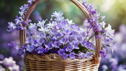 Fototapeta premium Beautiful purple gentle flowers in the wicker basket in a summer garden.